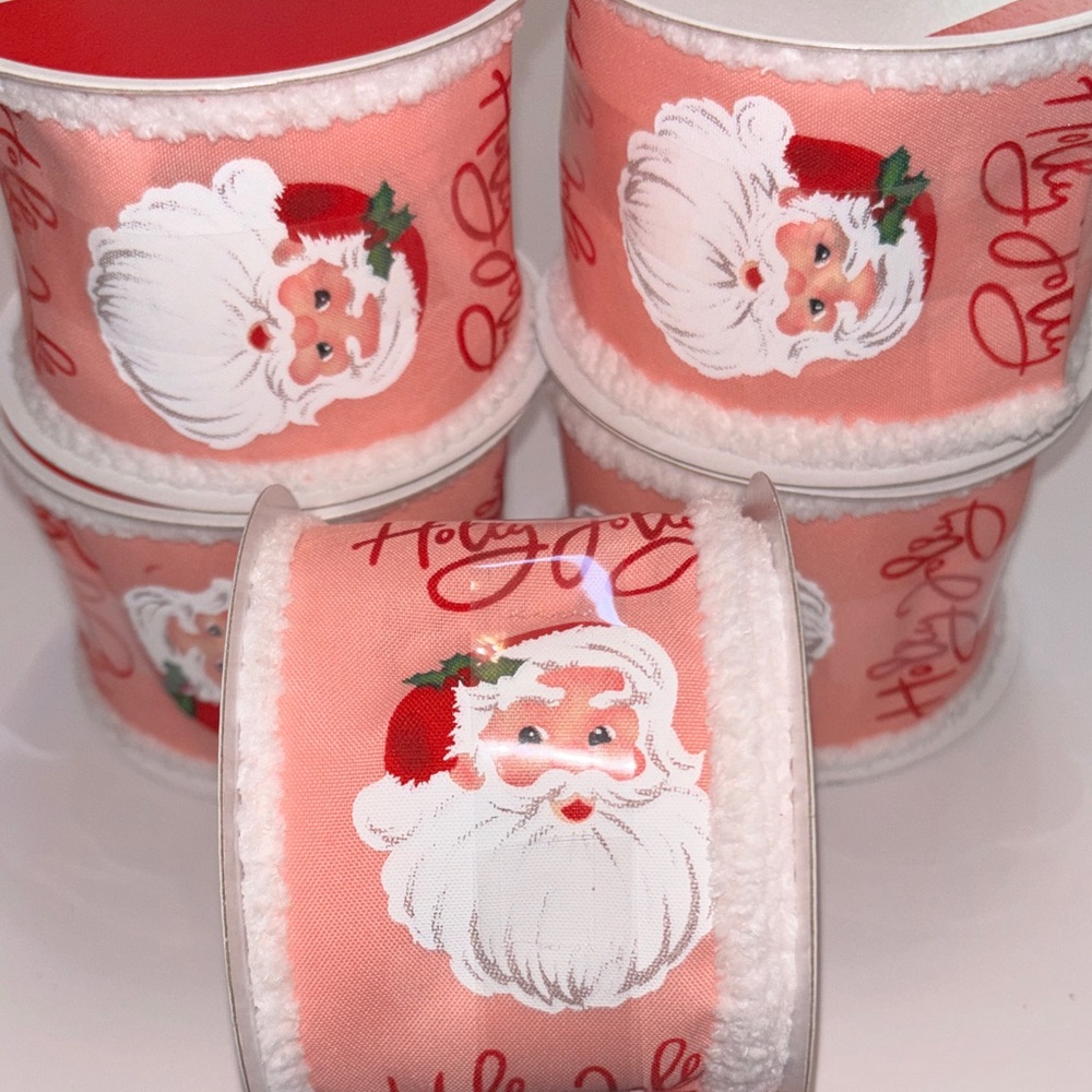 Pink Vintage Santa Face Ribbon with White Fluff Trim Pink Santa Fluff Ribbon NWT